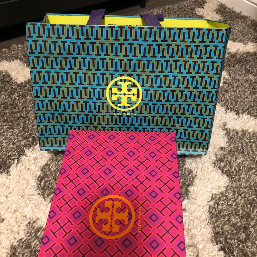 Empty Tory Burch box and shopping bag